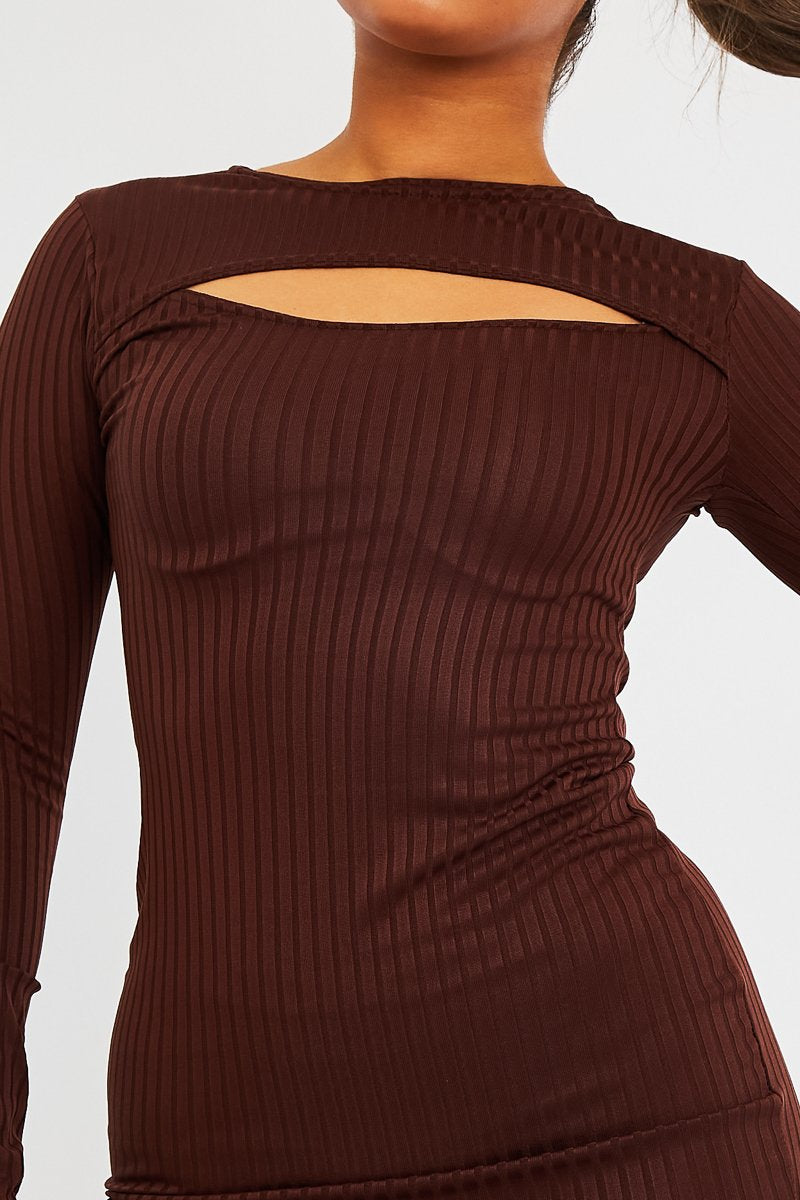Brown Ribbed Cut Out Mini Dress - Ayana-Dresses