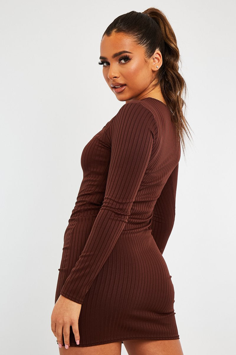 Brown Ribbed Cut Out Mini Dress - Ayana-Dresses