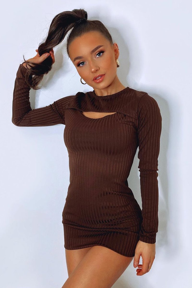 Brown Ribbed Cut Out Mini Dress - Ayana-Dresses