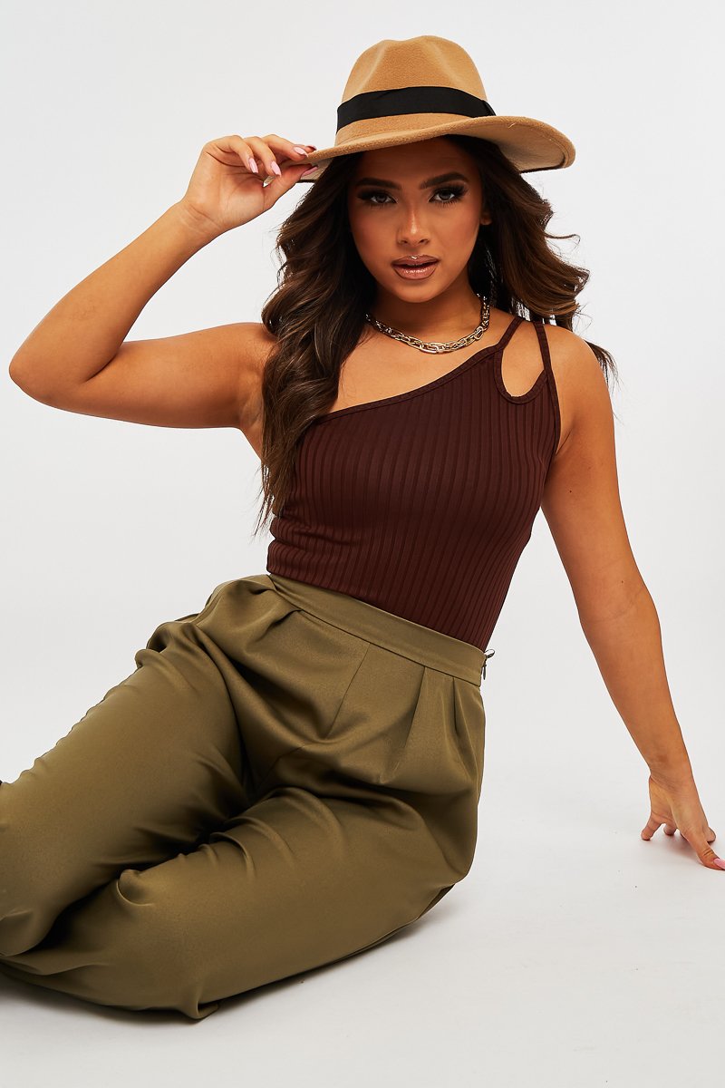 Brown Ribbed Double Strap One Shoulder Bodysuit - Lavia-Bodysuits