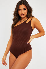 Brown Ribbed Double Strap One Shoulder Bodysuit - Lavia-Bodysuits