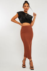 Brown Ribbed Midi Skirt - Dixie-Skirts