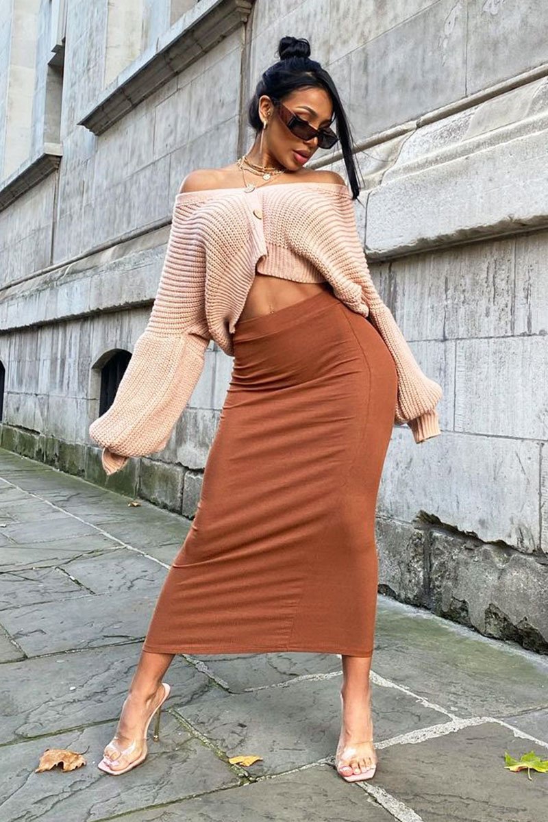 Brown Ribbed Midi Skirt - Dixie – Rebellious Fashion