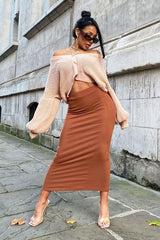 Brown Ribbed Midi Skirt - Dixie-Skirts