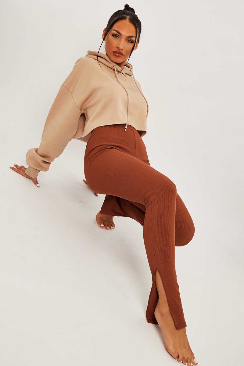 Brown Ribbed Side Split Leggings - Enzie-Leggings
