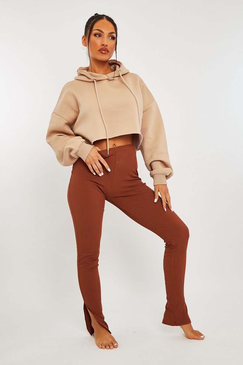 Brown Ribbed Side Split Leggings - Enzie-Leggings