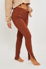 Brown Ribbed Side Split Leggings - Enzie-Leggings