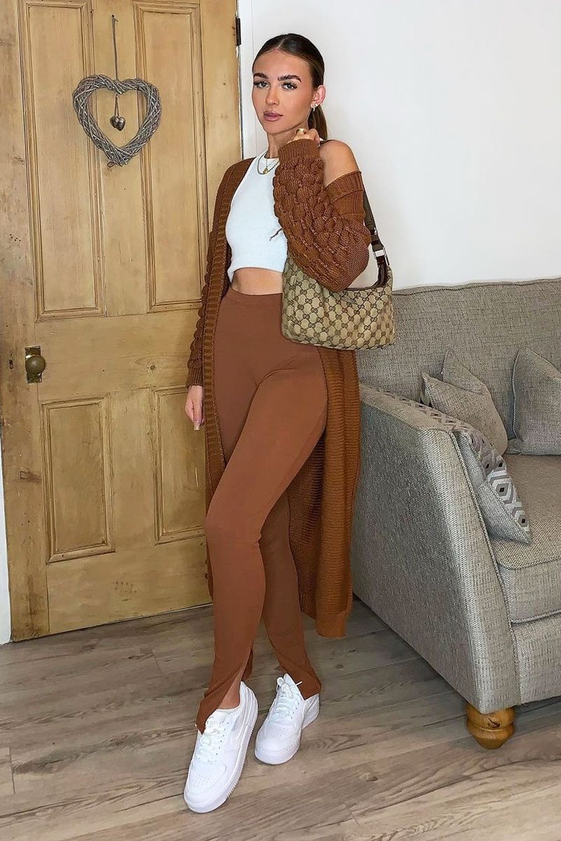 Brown Ribbed Side Split Leggings - Enzie-Leggings