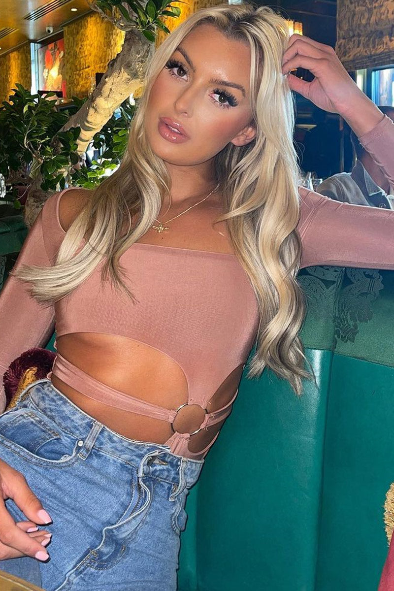 Brown Ring Detail Front Cut Out Bodysuit - Ryelee