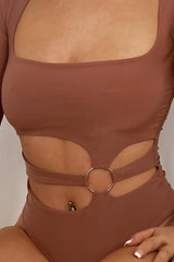 Brown Ring Detail Front Cut Out Bodysuit - Ryelee