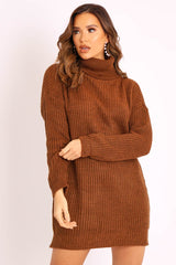 Brown Roll Neck Mini Jumper Dress - Dariyana-Dresses
