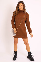 Brown Roll Neck Mini Jumper Dress - Dariyana-Dresses