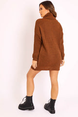 Brown Roll Neck Mini Jumper Dress - Dariyana-Dresses