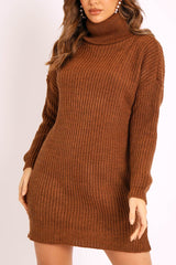Brown Roll Neck Mini Jumper Dress - Dariyana-Dresses