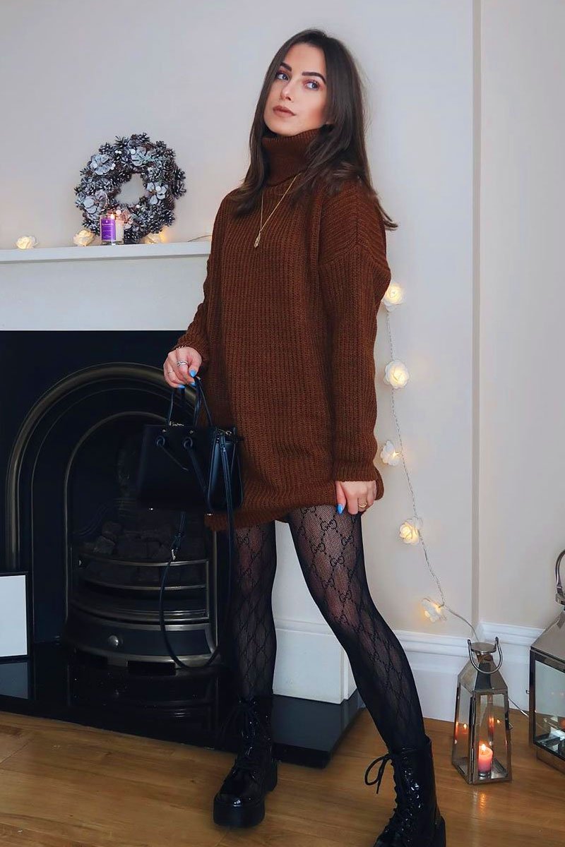 Brown Roll Neck Mini Knit Dress - Dariyana Rebellious Fashion Brown Roll Neck Mini Knit Dress - Dariyana Rebellious Fashion