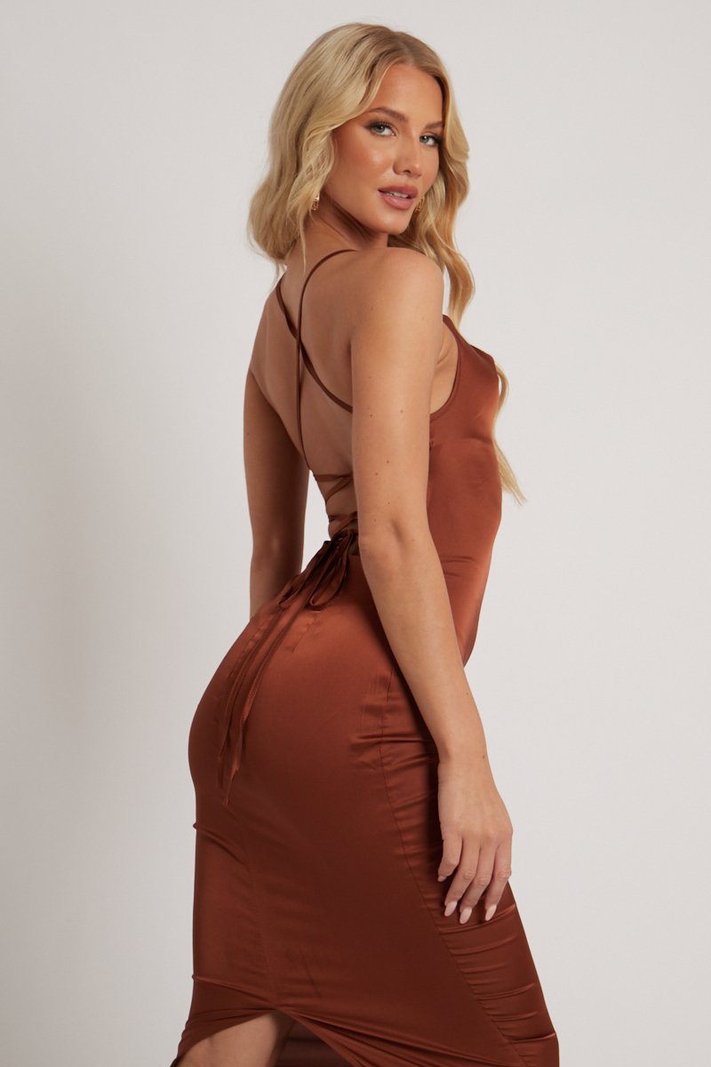 Brown Satin Cowl Neck Midi Dress