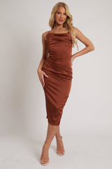 Brown Satin Cowl Neck Midi Bodycon Dress - Liliana-Dresses