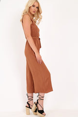 Brown Sleeveless Button Down Culotte Jumpsuit - Kalanni-Jumpsuits