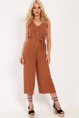 Brown Sleeveless Button Down Culotte Jumpsuit - Kalanni-Jumpsuits