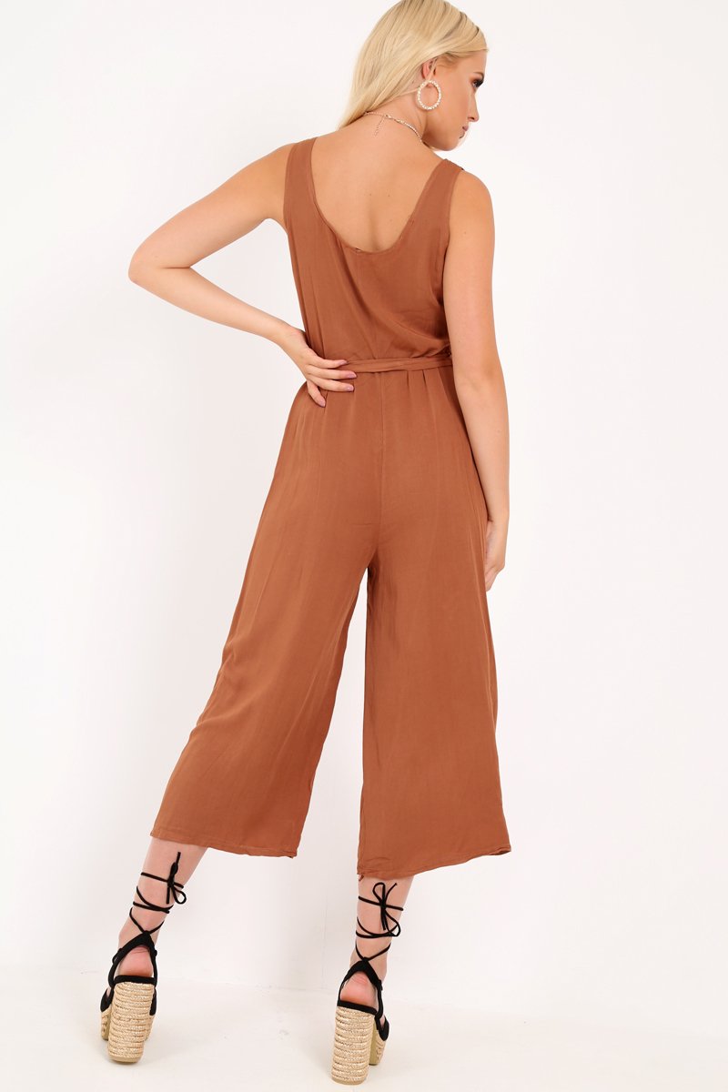 Brown Sleeveless Button Down Culotte Jumpsuit - Kalanni-Jumpsuits
