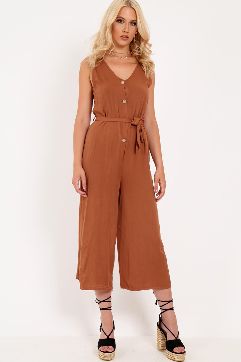 Brown Sleeveless Button Down Culotte Jumpsuit - Kalanni-Jumpsuits