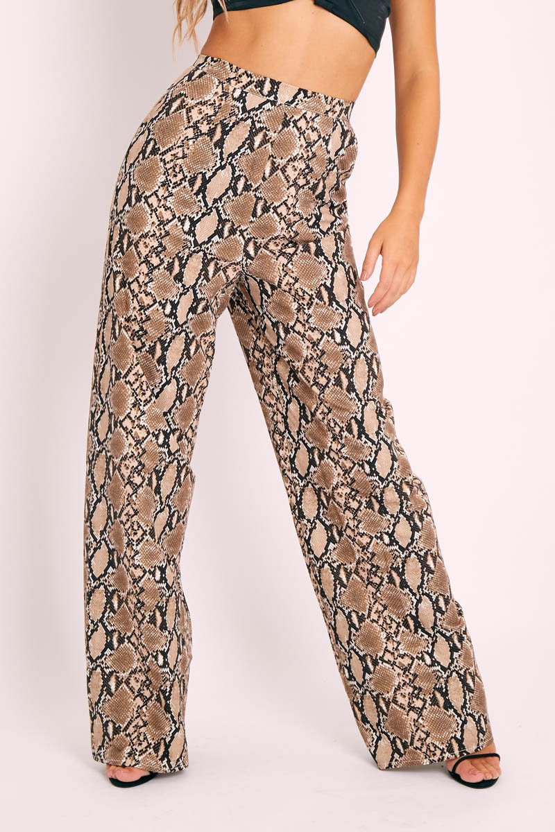 Brown Snake Crepe Wide Leg Trousers - Afifa-Trousers