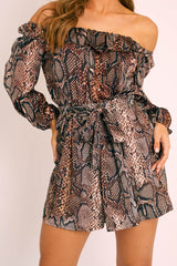 Brown Snake Print Bardot Crop Top Belted Shorts Co-ord - Sage-Co-ords