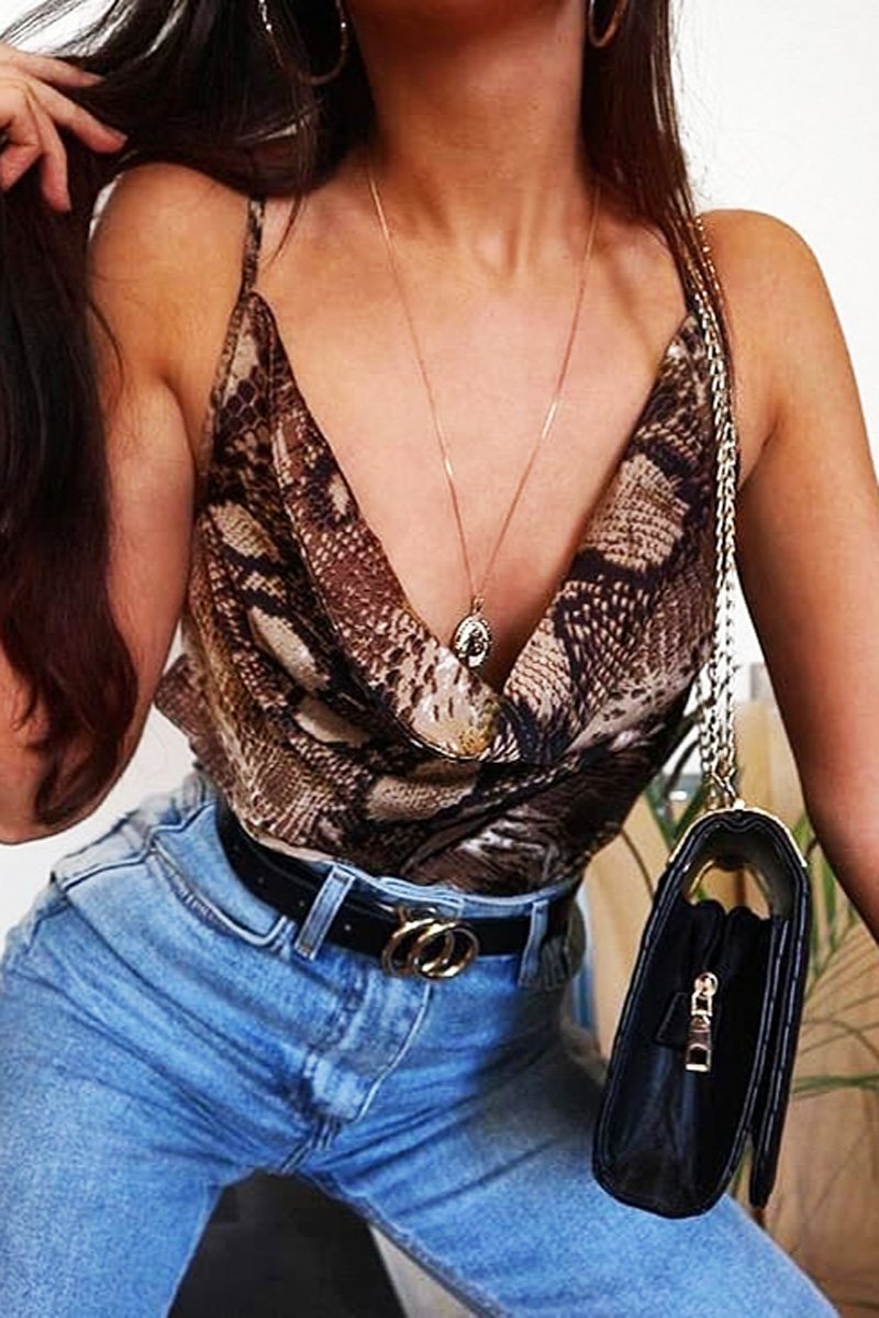 Brown Snake Print Cowl Neck Bodysuit - Ensley-Bodysuits
