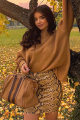 Brown Snake Print Faux Leather Zip Skirt - Edda-Skirts