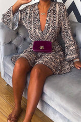 Brown Snake Print Plunge Flute Sleeve Shift Dress - Olesya-Dresses