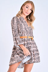 Brown Snake Print Plunge Flute Sleeve Shift Dress - Olesya-Dresses