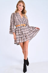 Brown Snake Print Plunge Flute Sleeve Shift Dress - Olesya-Dresses