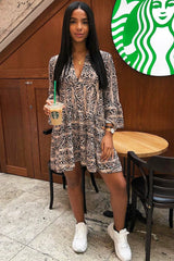 Brown Snake Print Plunge Flute Sleeve Shift Dress - Olesya-Dresses