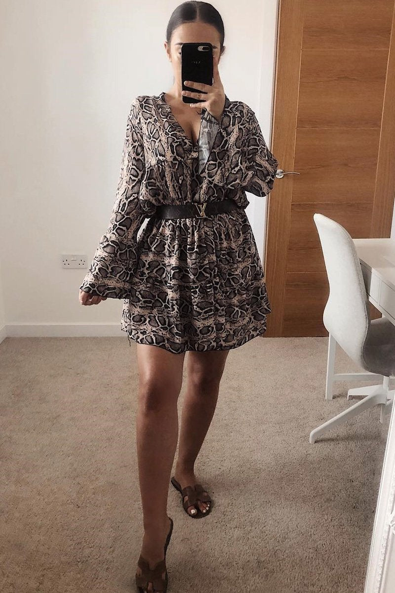 Brown Snake Print Plunge Flute Sleeve Shift Dress - Olesya-Dresses