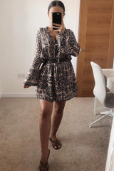 Brown Snake Print Plunge Flute Sleeve Shift Dress - Olesya-Dresses