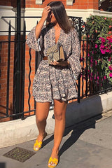 Brown Snake Print Plunge Flute Sleeve Shift Dress - Olesya-Dresses