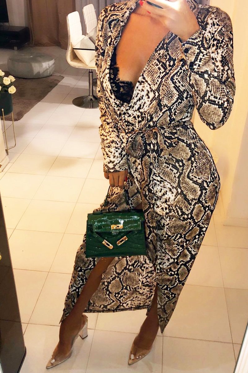 Brown Snake Print Plunge Wrap Front Maxi Dress - Beni Rebellious Fashion Brown Snake Print Plunge Wrap Front Maxi Dress - Beni Rebellious Fashion