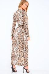 Brown Snake Print Plunge Wrap Front Maxi Dress - Beni-Dresses