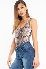 Brown Snake Print Sleeveless Bodysuit - Payge-Bodysuits