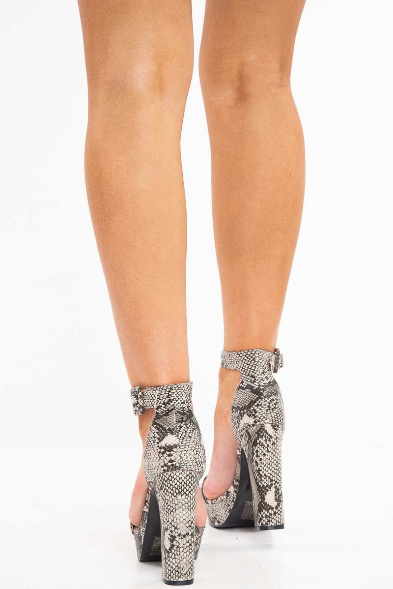 Brown Snake Print Textured Strappy Block Heels - Carianna-Heels