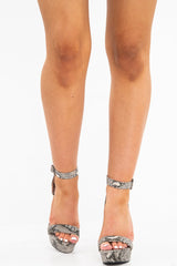 Brown Snake Print Textured Strappy Block Heels - Carianna-Heels