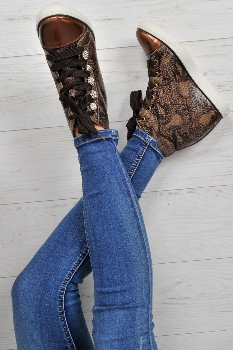 Brown Snakeskin PU Metallic Toe Sparkle Wedged High Tops - Sammi-Trainers