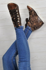 Brown Snakeskin PU Metallic Toe Sparkle Wedged High Tops - Sammi-Trainers