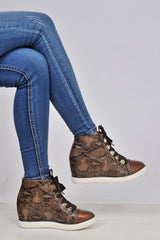 Brown Snakeskin PU Metallic Toe Sparkle Wedged High Tops - Sammi-Trainers