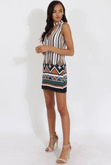 Brown Stripe Geo Border Print Cut Out High Neck Dress - Perla-Dresses