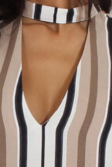 Brown Stripe Geo Border Print Cut Out High Neck Dress - Perla-Dresses