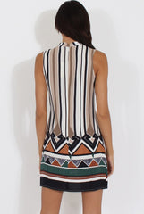 Brown Stripe Geo Border Print Cut Out High Neck Dress - Perla-Dresses