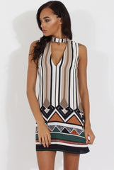 Brown Stripe Geo Border Print Cut Out High Neck Dress - Perla-Dresses