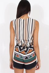 Brown Stripe Geo Border Print Wrap Playsuit - Noelle-Playsuits