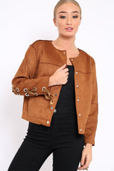 Brown Suedette Lace Back Jacket - Karey-Jackets